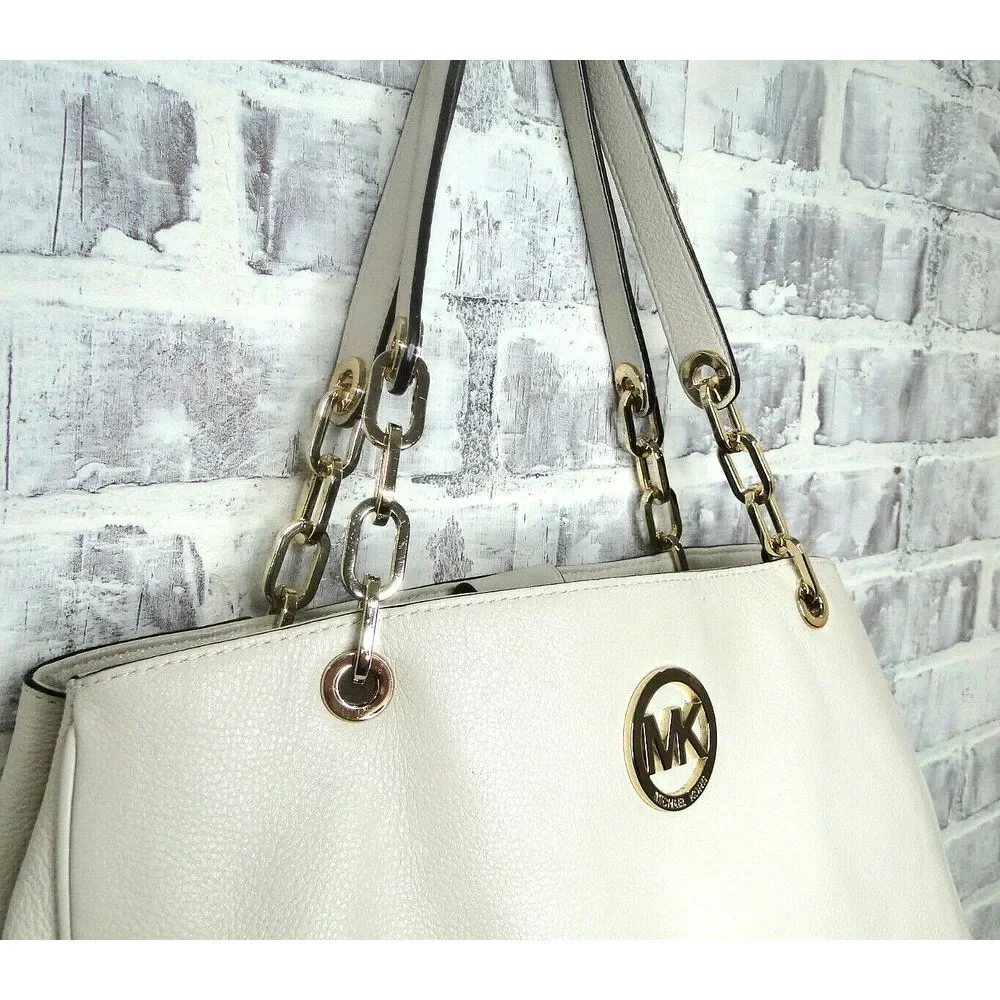 Michael Kors‎ Women's Fulton Leather Vanilla White Gold Chain Hand Bag Purse